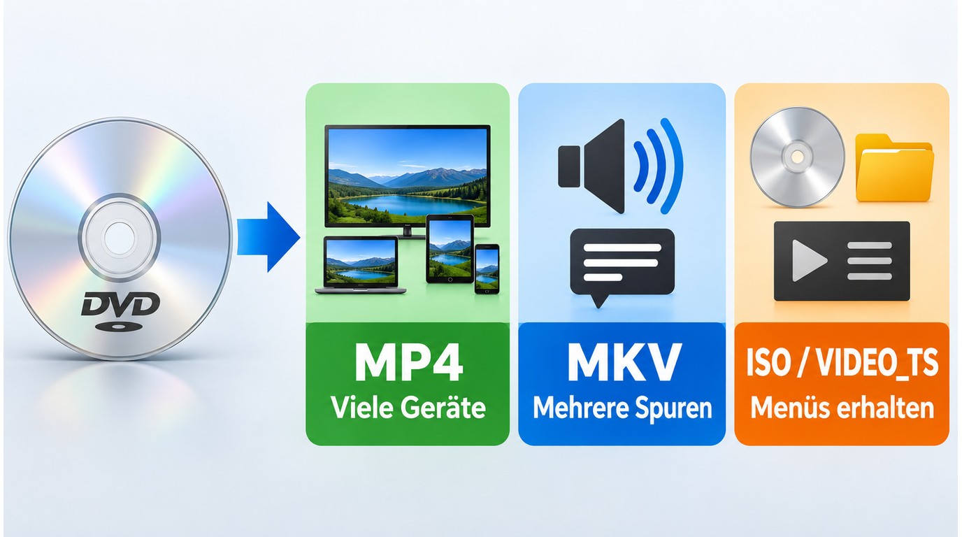 Entscheidungshilfe für MP4, MKV, ISO und VIDEO_TS nach Wiedergabeziel.