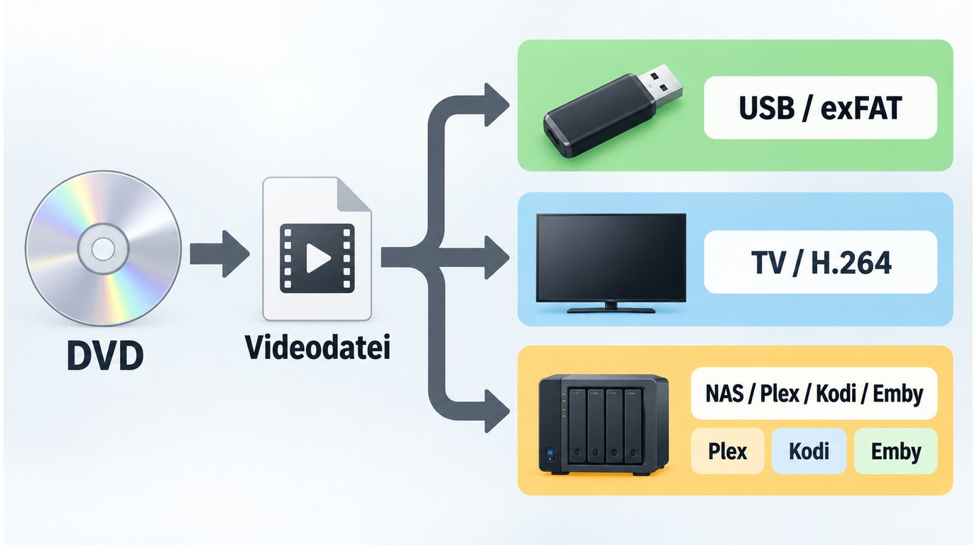 DVD-Datei für USB-Stick, Fernseher, Plex und NAS mit passenden Formaten.