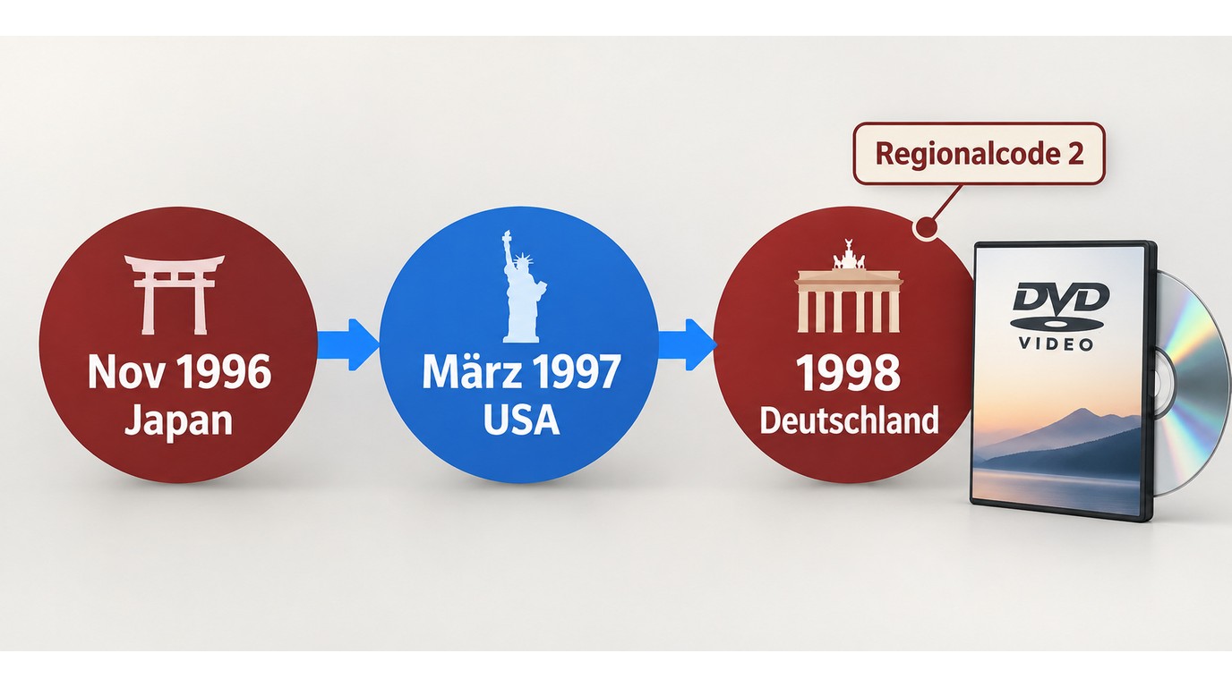 Zeitleiste zur DVD-Einführung 1996 in Japan, 1997 in den USA und ab 1998 in Europa