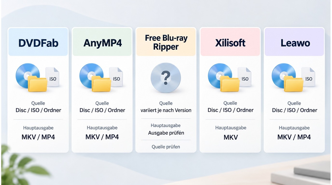 Vergleich von DVDFab, AnyMP4, Xilisoft und Leawo nach Quellen und Ausgaben.