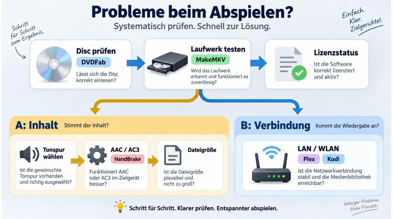 Prüfpfad für Blu-ray-Fehler bei Disc, Lizenz, Tonspur, Dateigröße und Netzwerk