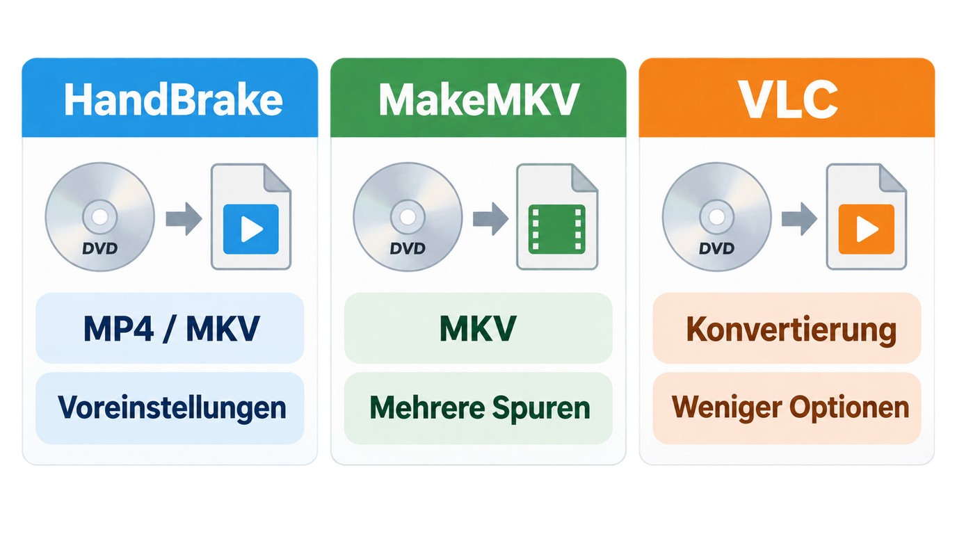 HandBrake, MakeMKV und VLC im Vergleich für ungeschützte DVDs.