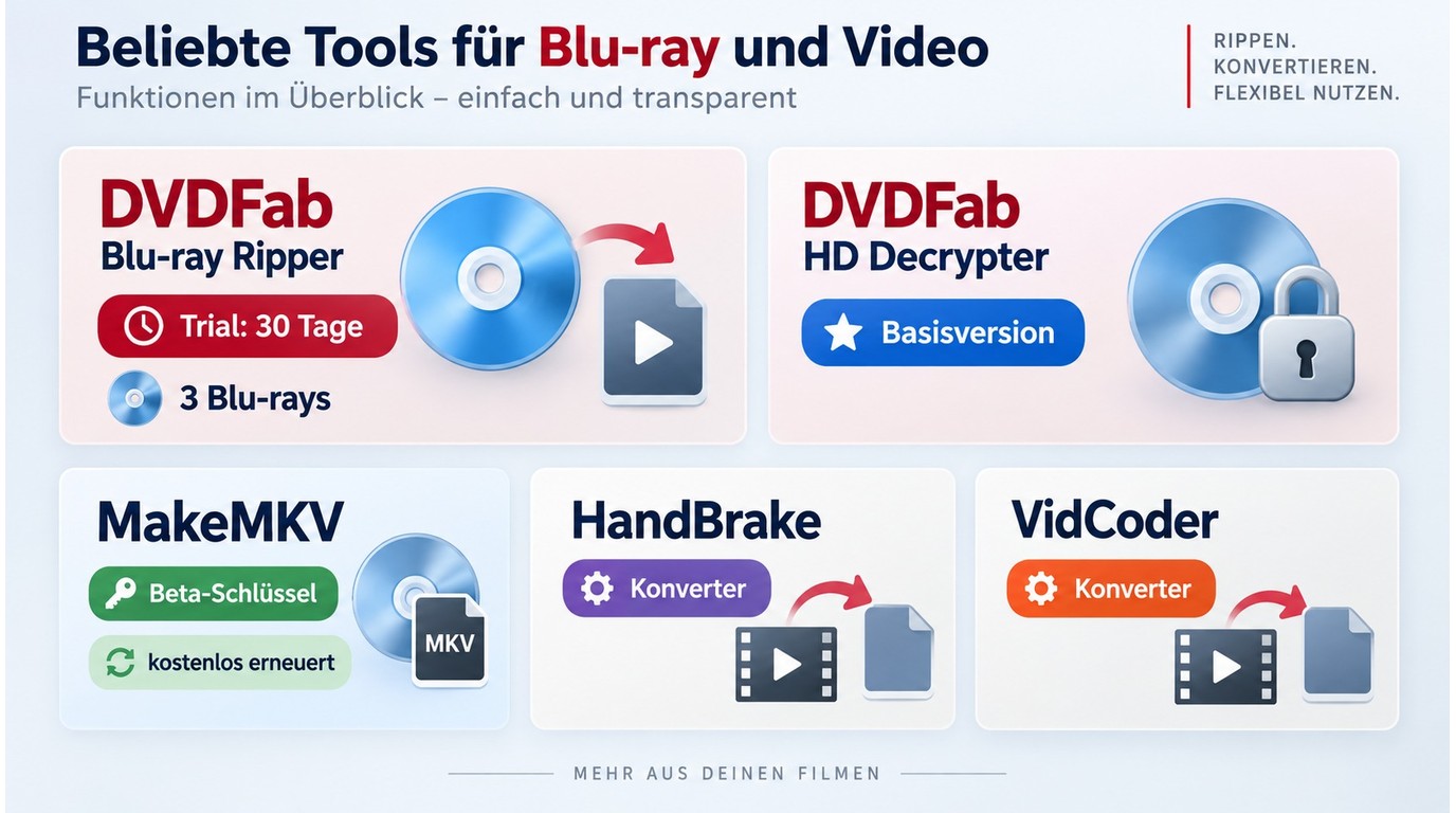 Gratismodelle bei DVDFab, MakeMKV, HandBrake und VidCoder im Vergleich