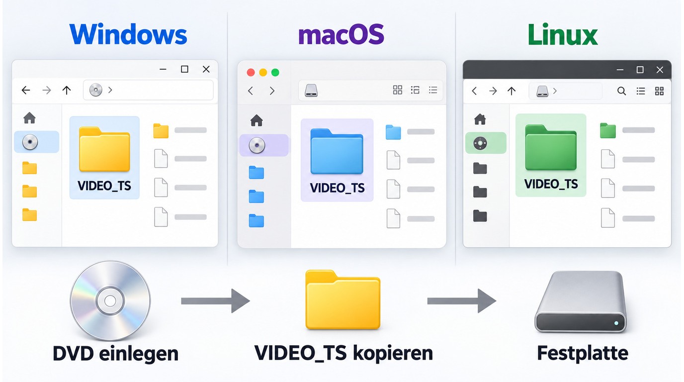 Windows, macOS und Linux kopieren VIDEO_TS von einer DVD auf die Festplatte.