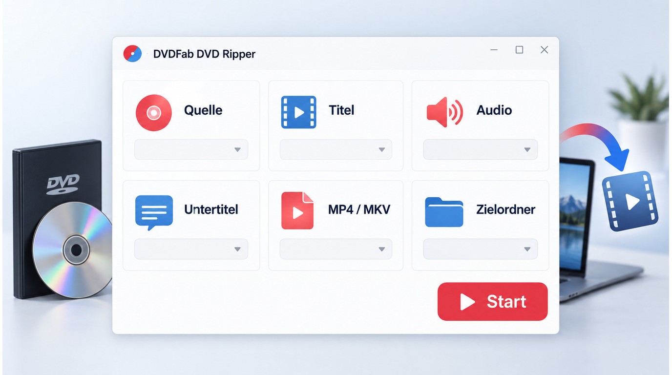 DVDFab DVD Ripper mit Auswahl von Quelle, Spuren, MP4 oder MKV und Zielordner.