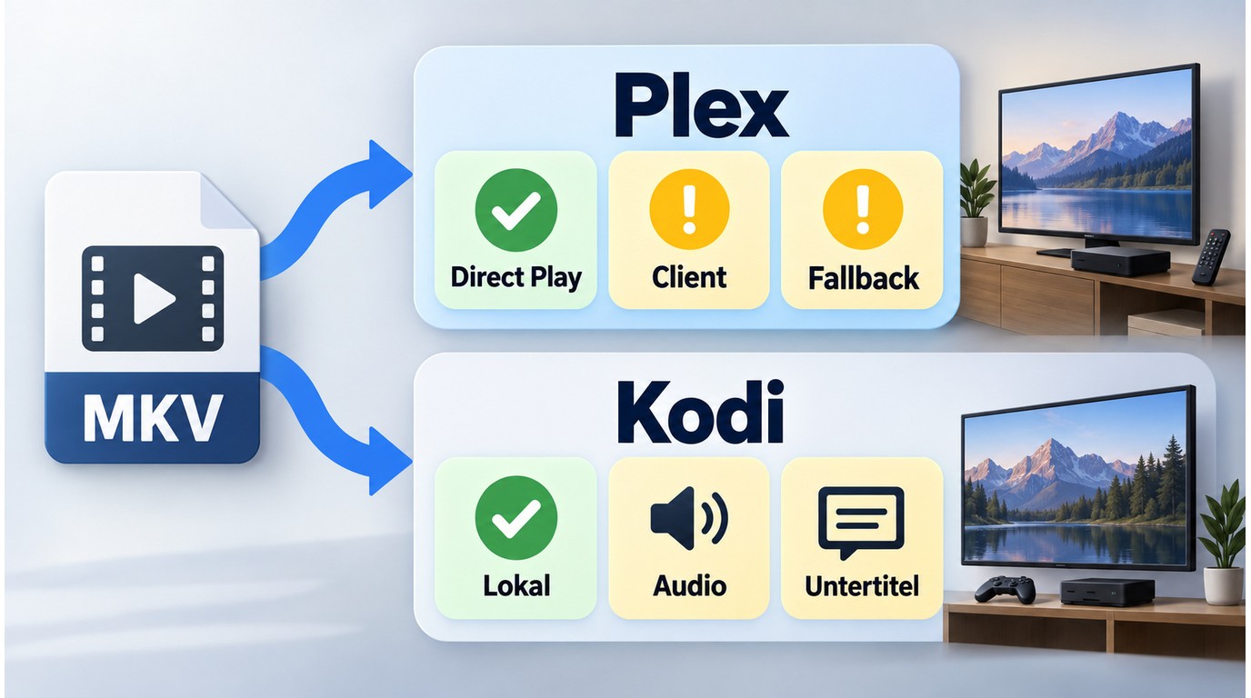 Plex und Kodi im Vergleich bei Direct Play, Tonspuren und Untertiteln.