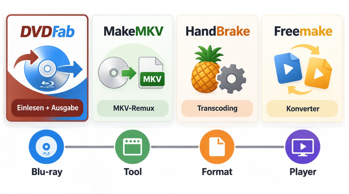 Vergleich von DVDFab, MakeMKV, HandBrake und Freemake nach Blu-ray-Workflow