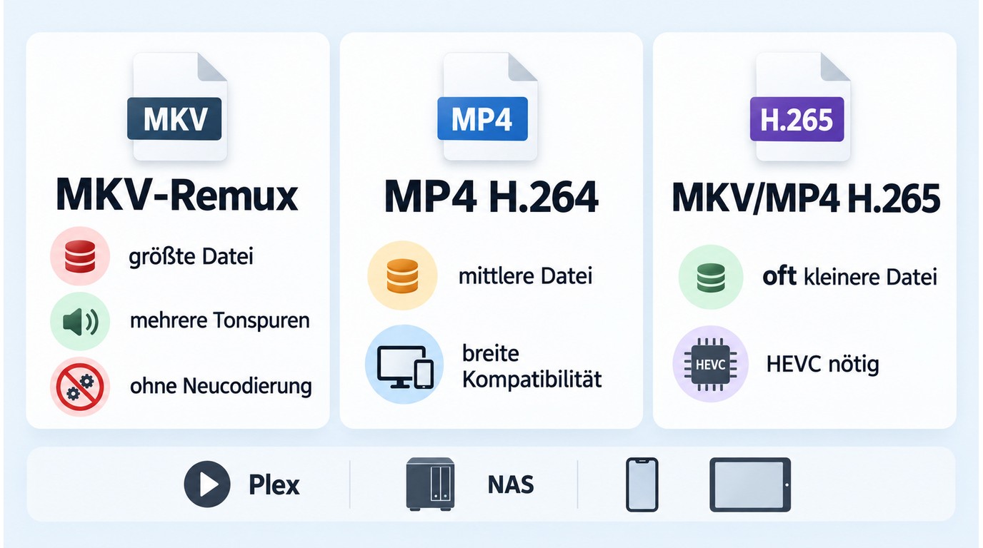 MKV-Remux, MP4 H.264 und H.265 im Vergleich für Plex, NAS und Mobilgeräte