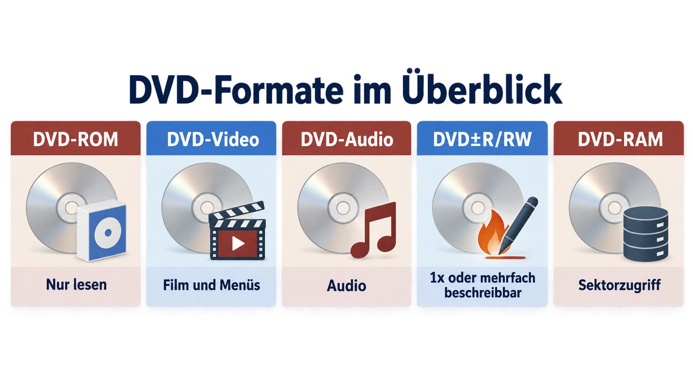 Vergleich von DVD-ROM, DVD-Video, DVD-Audio, DVD±R/RW und DVD-RAM