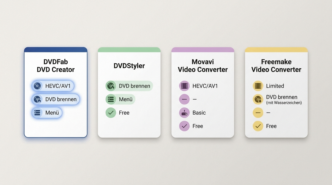 Vergleich von DVDFab, DVDStyler, Movavi und Freemake für Video-DVDs