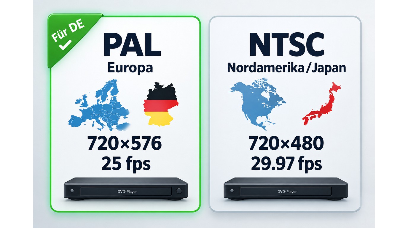 PAL und NTSC mit Auflösung, Bildrate und typischen Regionen im Vergleich