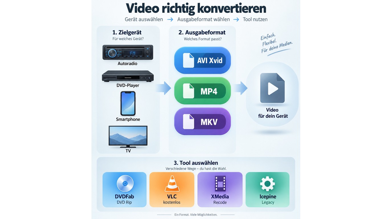 Entscheidungshilfe für AVI, MP4, MKV mit DVDFab, VLC, XMedia Recode und Icepine