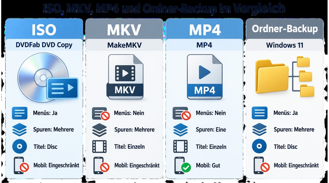 Vergleich von ISO, MKV, MP4 und Ordner-Backup nach Menüs, Spuren und mobiler Nutzung
