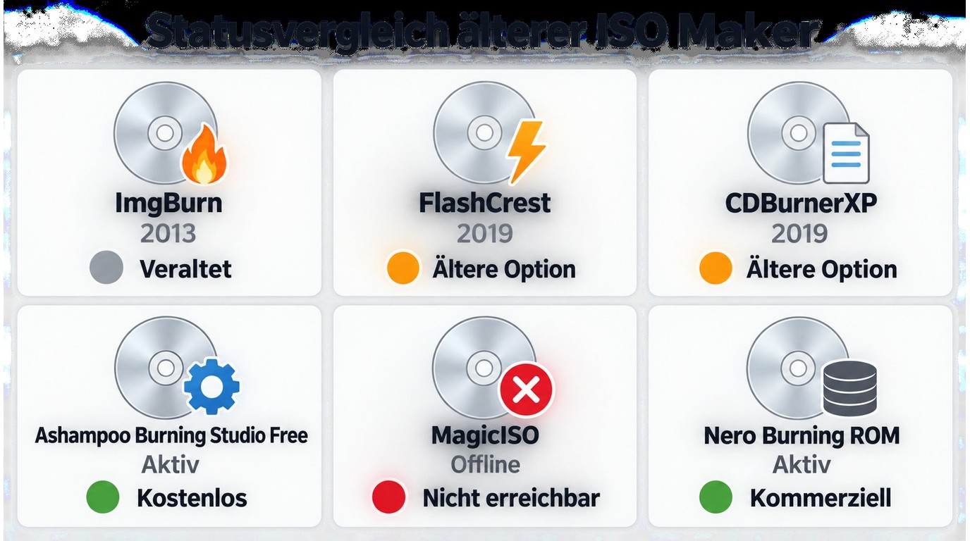 Statusvergleich von ImgBurn, CDBurnerXP, WinISO, MagicISO, FlashCrest und Nero