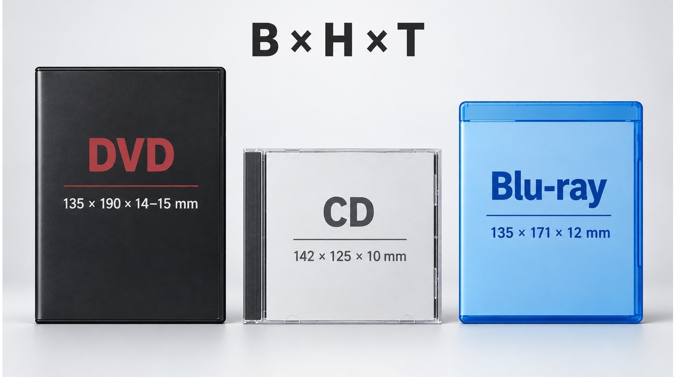 DVD-, CD- und Blu-ray-Hüllen mit unterschiedlichen Außenmaßen