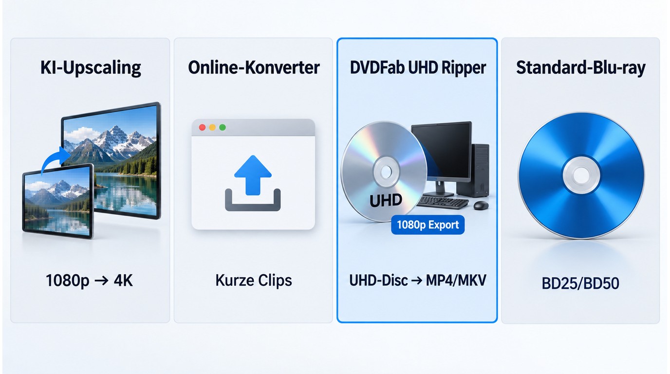 Vergleich von KI-Upscaling, Online-Konverter, lokalen 4K-Dateien und UHD-Blu-ray-Ausgabe