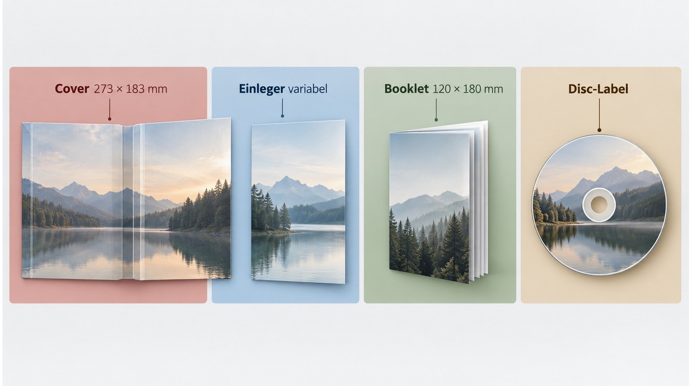 DVD-Cover, Einleger, Booklet und Disc-Label im Größenvergleich