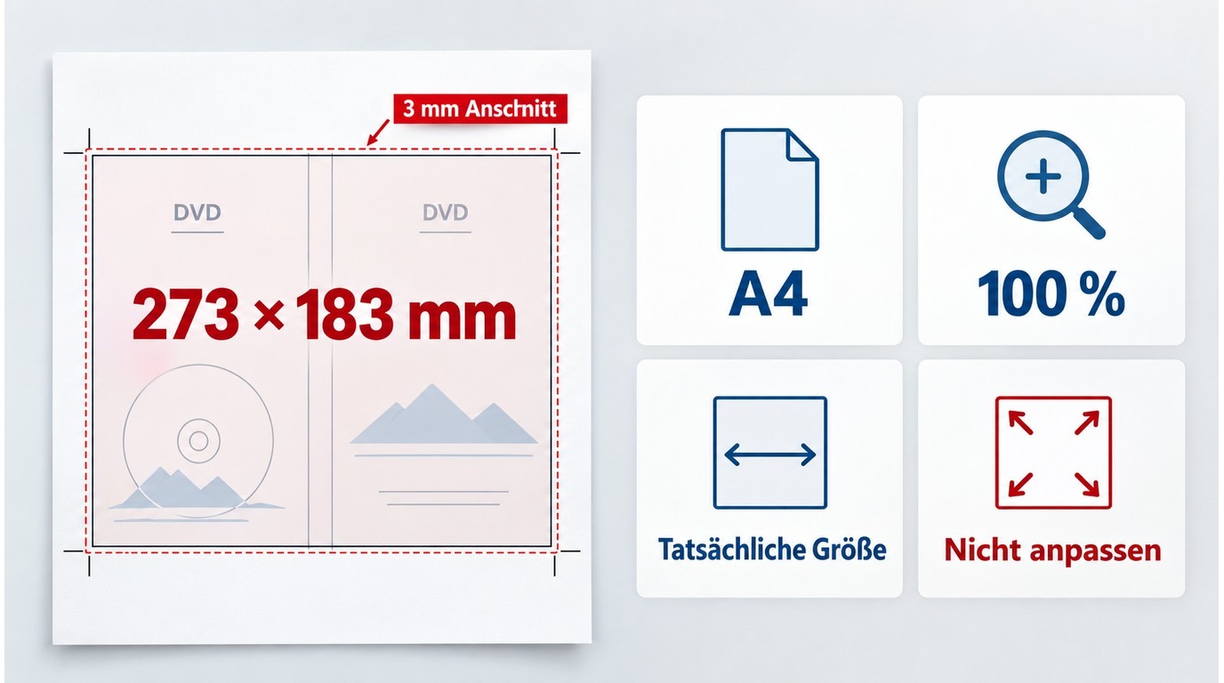 DVD-Cover mit 272 bis 273 x 183 mm auf A4 bei 100 Prozent Skalierung