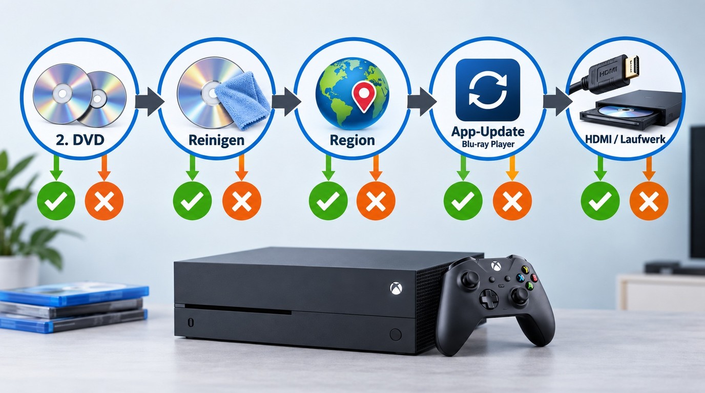 Fehlersuche bei Xbox-DVDs mit Disc, App, Region, HDMI und Laufwerk
