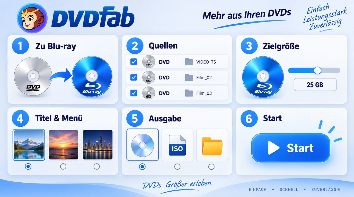 Sechs Schritte vom Laden mehrerer DVDs bis zur Blu-ray-Ausgabe
