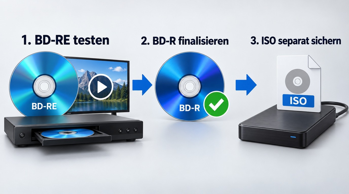 Sicherer Ablauf mit BD-RE-Test, finaler BD-R und getrennter ISO-Sicherung