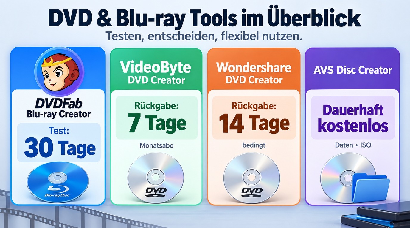 Testversionen von DVDFab, VideoByte, Wondershare und AVS