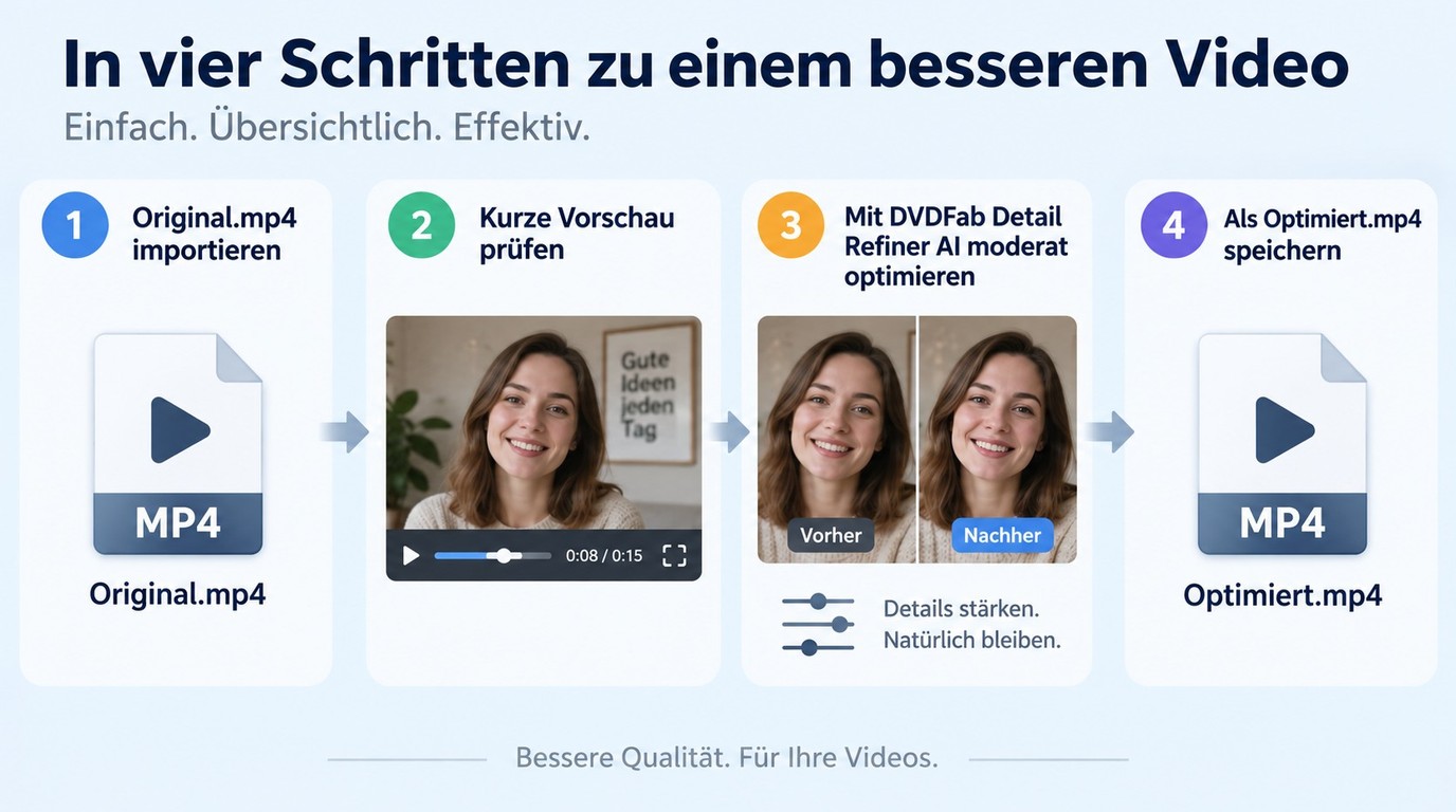 MP4-Ablauf von Import und Vorschau bis zur moderaten KI-Optimierung und neuen Datei.
