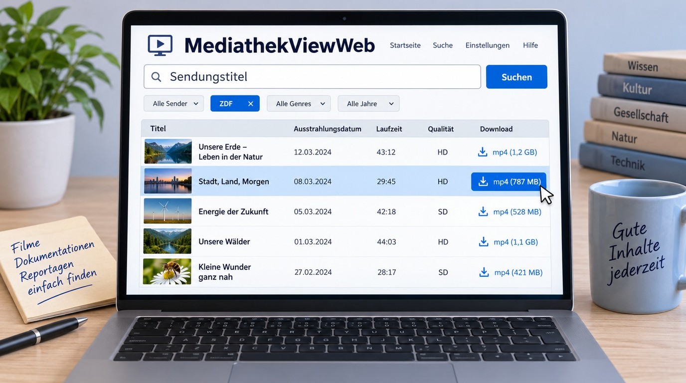 MediathekViewWeb mit ZDF-Filter, Trefferdetails, Qualitätswahl und Dateidownload.