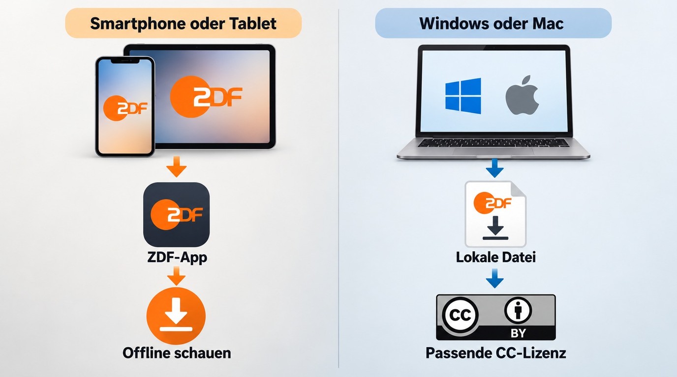 ZDF-App für mobiles Offline-Schauen, PC-Datei nur mit angebotenem Download und CC-Lizenz.
