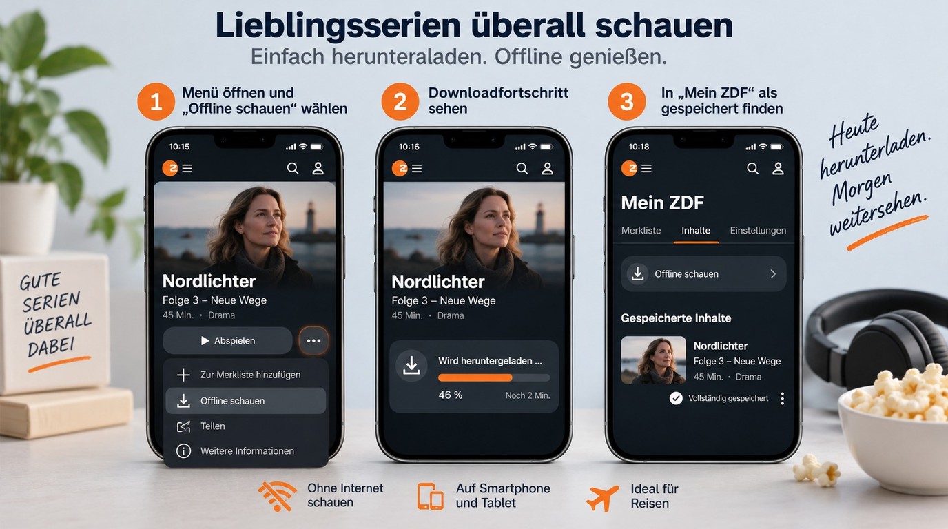 ZDF-App vom Drei-Punkte-Menü bis zur offline gespeicherten Folge unter Mein ZDF.
