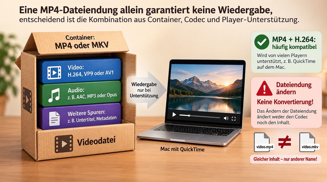 MP4 und MKV als Container mit H.264, VP9 oder AV1 für die Wiedergabe am Mac.