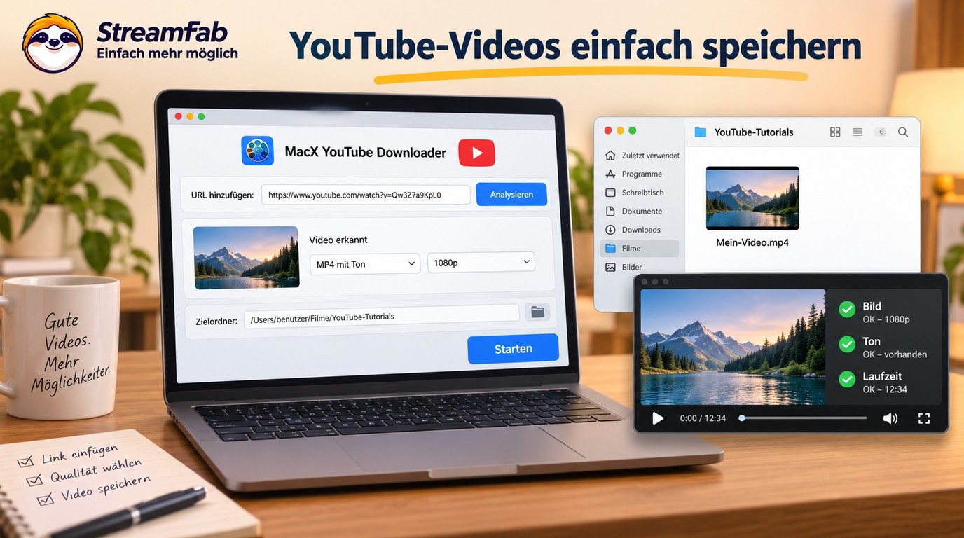 MacX speichert ein YouTube-Video als MP4 und prüft Bild und Ton im Finder.