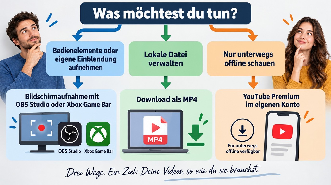 Wahl zwischen Bildschirmaufnahme, lokalem Download und YouTube Premium für die Offlinewiedergabe