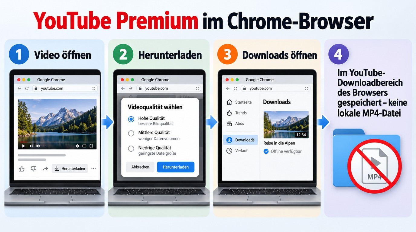 YouTube Premium Download im Chrome-Browser und Offlinezugriff im Bereich Downloads.