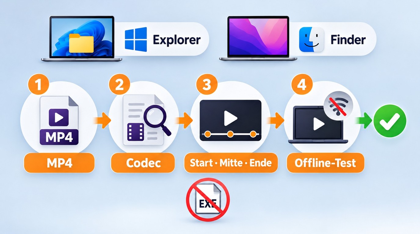 Prüfung einer MP4 in Windows und macOS auf Wiedergabe, Codec und Offline-Nutzung.