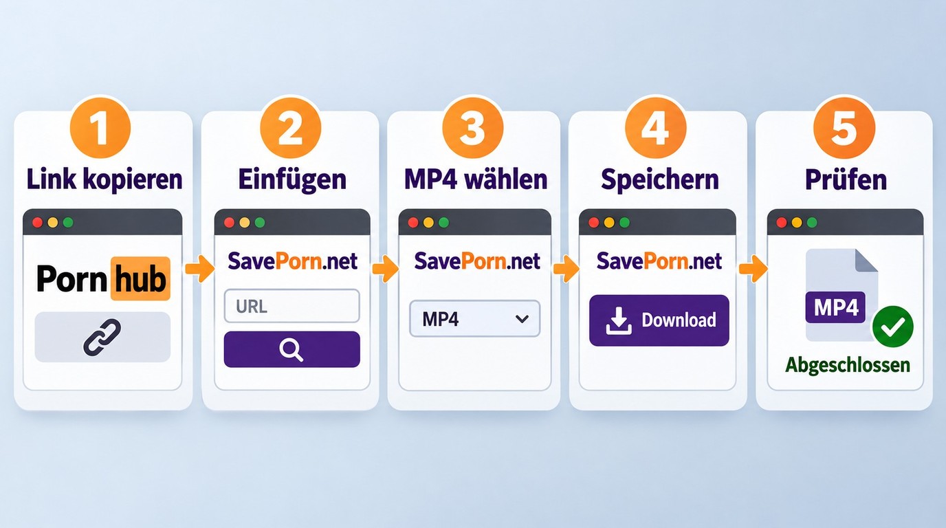 SavePorn.net Ablauf vom Pornhub-Link bis zur geprüften MP4-Datei.